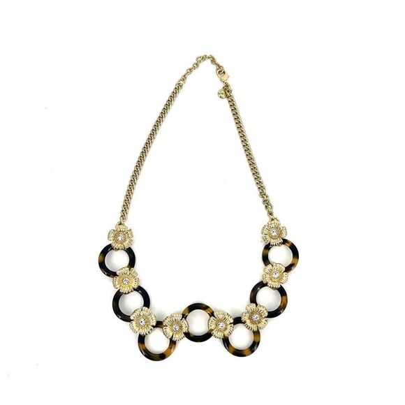 J Crew Necklace Tortoise Shell Statement Gold Flowers Rhinestone Link Chain - Picture 1 of 4